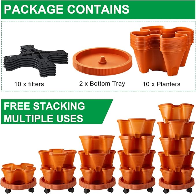 Umigy 2 Set 5 Tier Stackable Planters Vertical Garden Planters for Strawberry Herb Flower and Vegetable Indoor Outdoor Gardening Pots with Removable Wheels and Bottom(Terracotta) Umigy