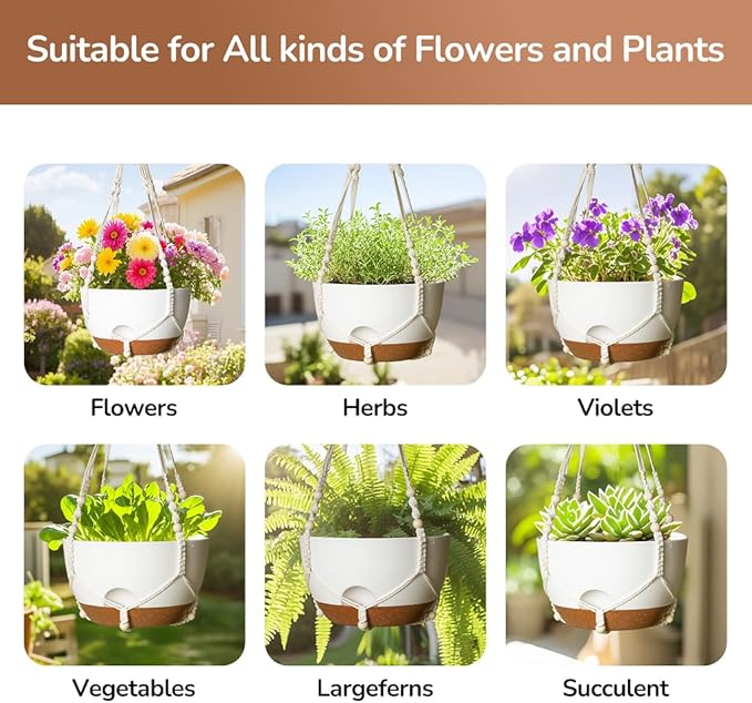 12 Inch Hanging Baskets for Plants Outdoor, Hanging Planters for Indoor Outdoor Plants, Hanging Planter with Self Watering, Hanging Flower Pots (White Planter with Macrame + Iron Hangers) LesOasis