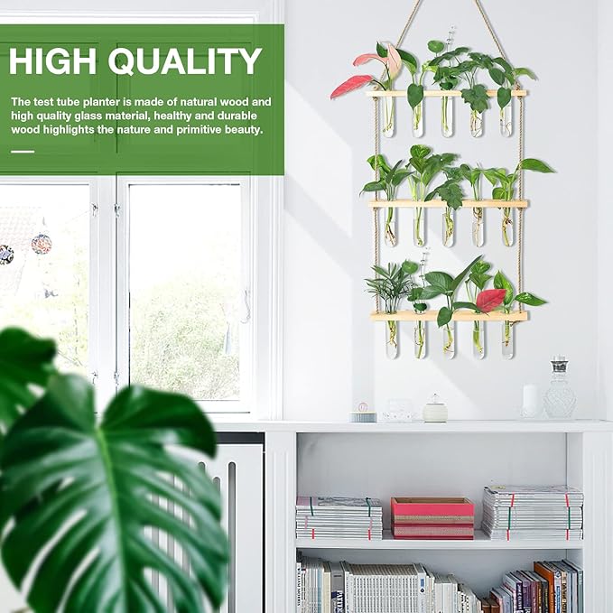 XXXFLOWER Wall Hanging Propagation Station with Wooden Stand 5 Glass Test Tubes 3 Tiers Planters Wall Terrarium for Home Office Plant Hanger Flower Vases Wall Decor Hydroponic Cuttings XXXFLOWER