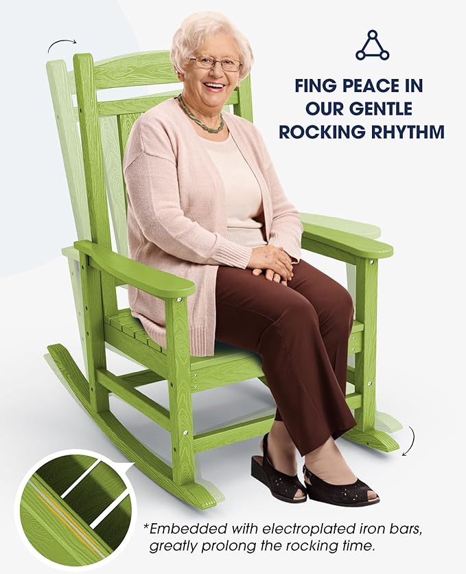 KINGYES HDPE Outdoor Rocking Chair Set of 4, All-Weather Poly Patio Rocking Chairs with 330lbs Support for Adults, Pistachio Green KINGYES