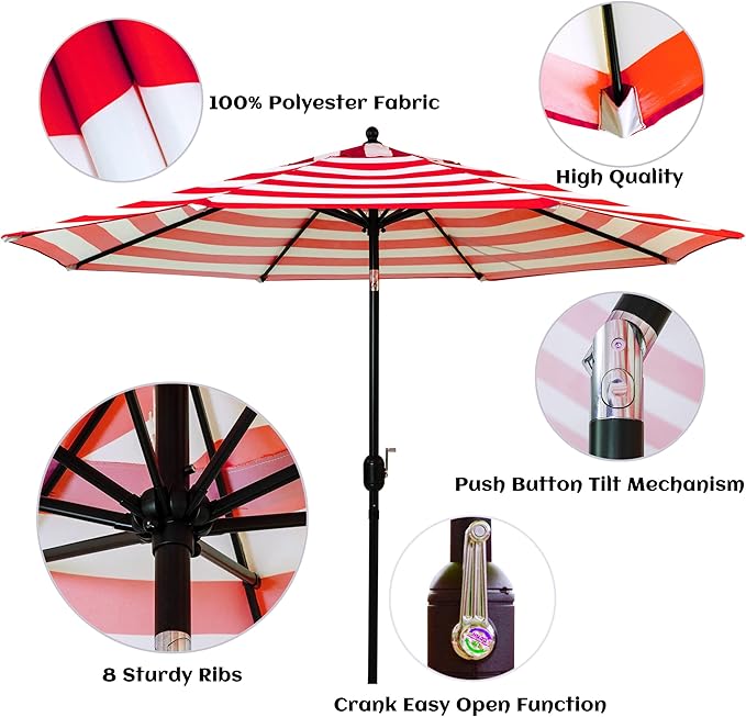 Sunnyglade 9' Patio Umbrella Outdoor Table Umbrella with 8 Sturdy Ribs (Red and White) Sunnyglade