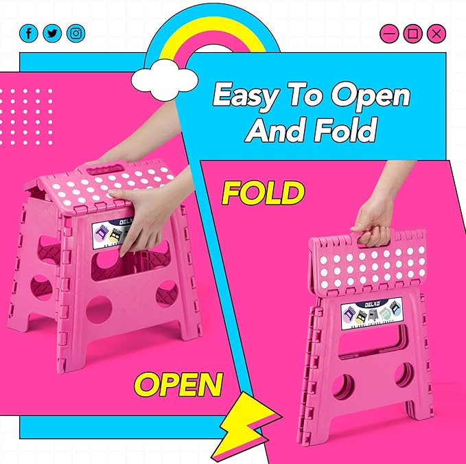 Delxo Folding Step Stool, 13 inch Non-Slip Foldable Stools for Kids & Adults Up to 300 LBS, Step Stool with Handle, Lightweight for Kitchen, Bathroom, Bedroom, Garden, Rose Pink, 1PC Delxo