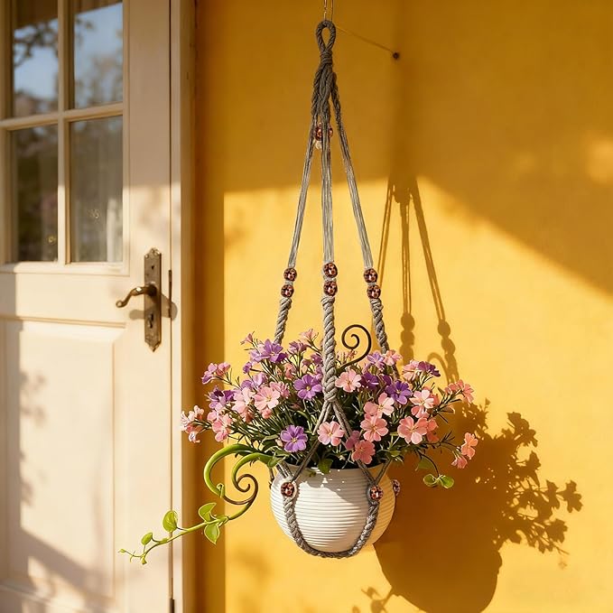 35 Inch Macrame Plant Hanger, Large for up to 15 Inch Pot Extra Long Hanging Planter Holder Basket with Wood Beads for Indoor Outdoor Home Decor (Grey, 2-Pack) Rootora