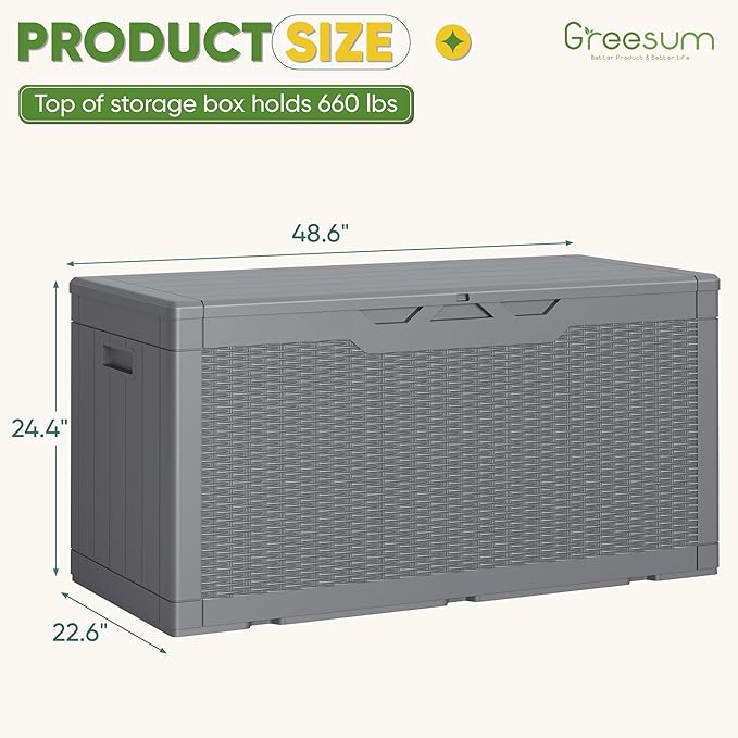 Greesum Outdoor Storage Box 100 Gallon Storage Bin with Lid for Patio Furniture, Garden Tools, Pool Supplies, Lockable, Waterproof and UV Resistant, Gray BuynowfromGreesum