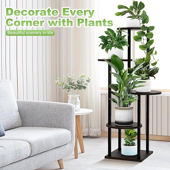 5 Tier Wood Tall Plant Stand Metal Rack Indoor, Multiple Flower Pot Holder Shelves Corner Rack, Round Planter Shelf Display Rack Storage Organizer for Patio Living Room Balcony(Black Oak) YOCOMEY