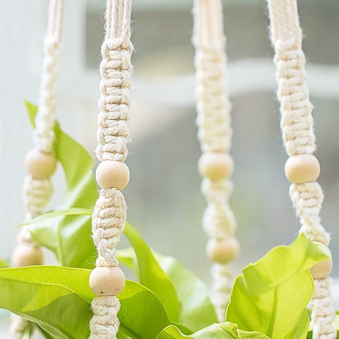 Mkono 43 Inch Macrame Plant Hanger Large for up to 12 Inch Pot Extra Long Hanging Plant Holder No Tassels Hanging Planter Basket with Wood Beads for Indoor Outdoor Boho Home Decor, Ivory, Set of 2 Mkono