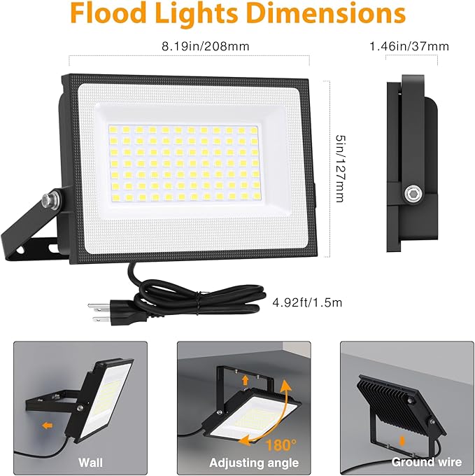 Onforu 80W Flood Lights Outdoor, 8000lm Bright LED Work Light with Plug, 6500K Daylight White LED Flood Lighting, IP66 Waterproof Security Yard Lights for Garage Stadium 4 Pack Onforu