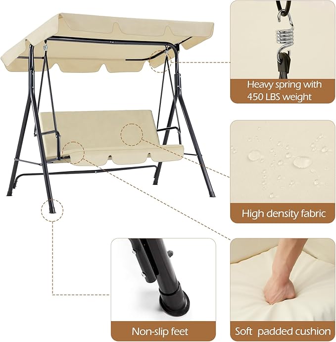 AECOJOY Porch Swing with Stand, 3-Seat Outdoor Clearance Porch Swings for Adults, Outdoor Patio Swing with Adjustable Canopy & Removable Cushion for Backyard, Garden, Balcony, Beige AECOJOY