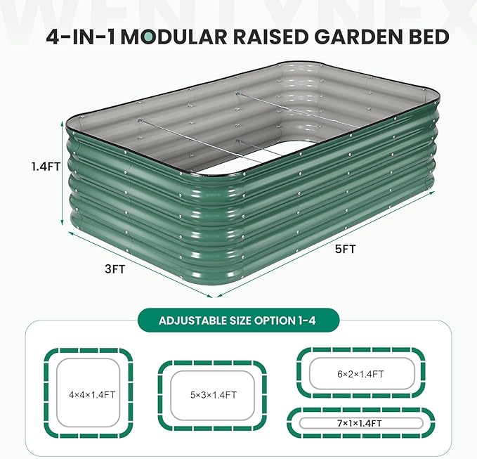 5×3×1.4FT Galvanized Raised Garden Bed Outdoor, Metal Raised Garden Bed Kit, Large Planter Raised Beds, 4 In1 Modular Raised Planter Box Outdoor,Raised Beds for Gardening for Vegetables Flowers Herbs TwentyNext