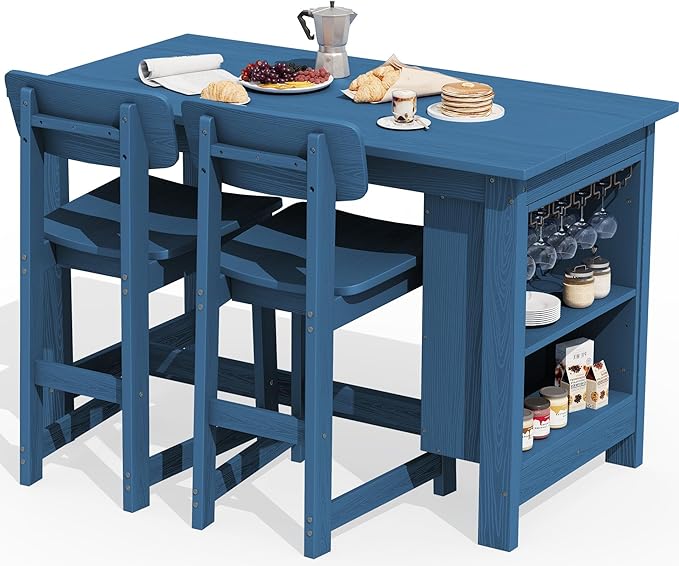 SERWALL 3-Piece Outdoor Counter Height Bar Set, HDPE Patio Bar Table with Wine Rack & Storage Shelf, 2 All-Weather Bar Stools, Patio Bar Dining Furniture Set for 3, Blue SERWALL