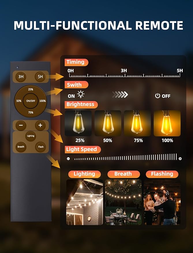 Outdoor Patio String Lights: 50Ft 15M Outside Waterproof Light - Remote Dimmable ST38 Shatterproof Bulb Connectable Hanging Outdoor Electric Lighting - Backyard Yard Gazebo Porch Party Vozuji