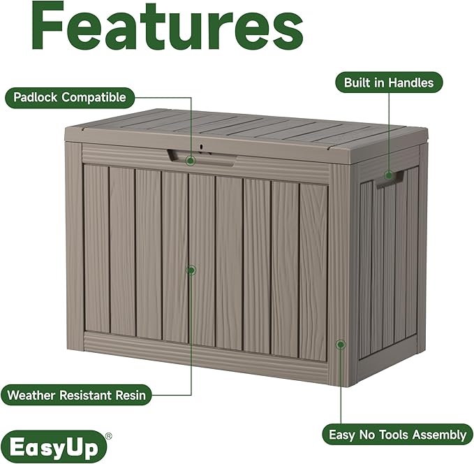 EasyUp 45 Gallon Outdoor Storage Box, Resin Waterproof UV-Resistant Deck Box, Reinforced Stability for Patio, Garden, and Poolside, Striped Gray EASYUP