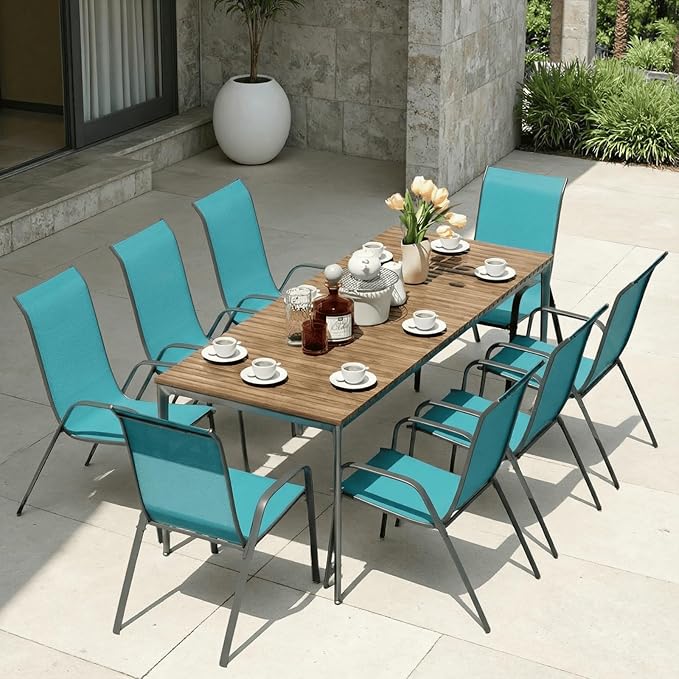 MAMIZO Patio Dining Chairs, Stackable All Weather Teslin Chair, Heavy Duty Outdoor Breathable Chairs Set, w/Armrests, Upgraded Chair FeetW/Strenthened Iron Spacers, 330 LBS (8, Turquoise Blue) MAMIZO