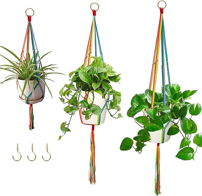 Rainbow Macrame Plant Hangers Indoor Outdoor, 3 Pack Different Size Flower Pot Holder Hanging Plant Holder for Windows Garden Boho Home Decor HOWMAX
