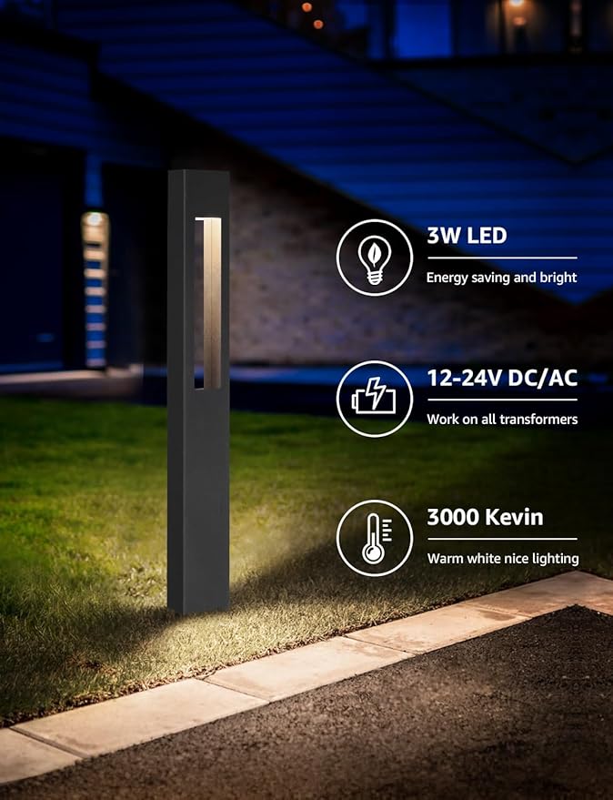 SUNVIE 3W Low Voltage Pathway Lights 3000K LED Low Voltage Landscape Lights 12V Waterproof Landscape Path Lights Low Voltage Landscape Lighting for Walkway Yard Backyard Garden ETL Listed Cord, 4 Pack SUNVIE