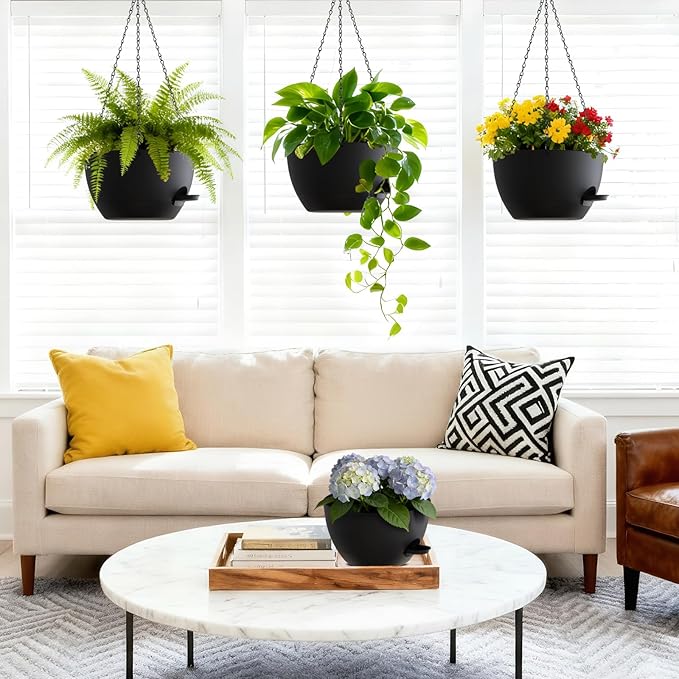 Set of 3-10 Inch Self Watering Hanging Planters for Indoor & Outdoor，Hanging Plant Pots with Drainage & Removable Tray, Hanging Pots Holder for Ivy, Spider Plants, Ferns, Balcony & Patio, Black UOUZ