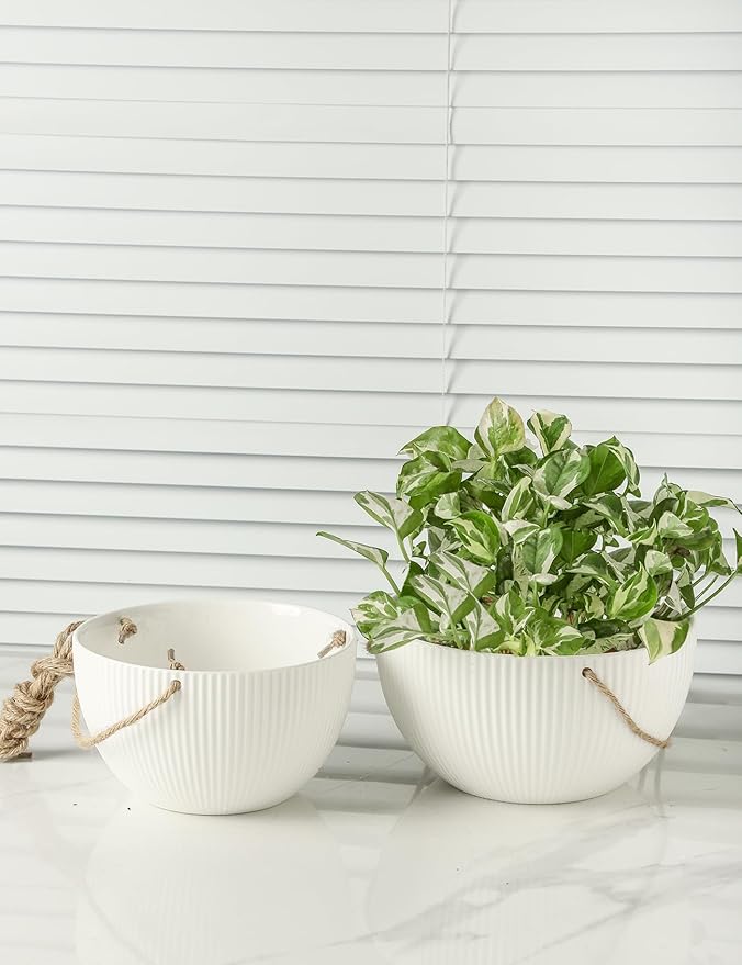 UBEE Ceramic Hanging Planters Indoor Outdoor, 7.5 Inch + 6.5 Inch Hanging Flower Pot for Plants Hanging Basket for Succulent Pothos Herbs Window Home Decor, 2 Pack, White Rootora