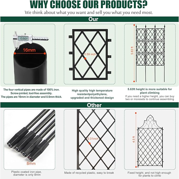 Garden Trellis for Climbing Plants Outdoor 5.25 FT, Iron Pipe Metal Support Wall Tall Plant Trellis Lattice Fence Plant Support with Garden Twist Tie for Ivy Vines Rose WellSign