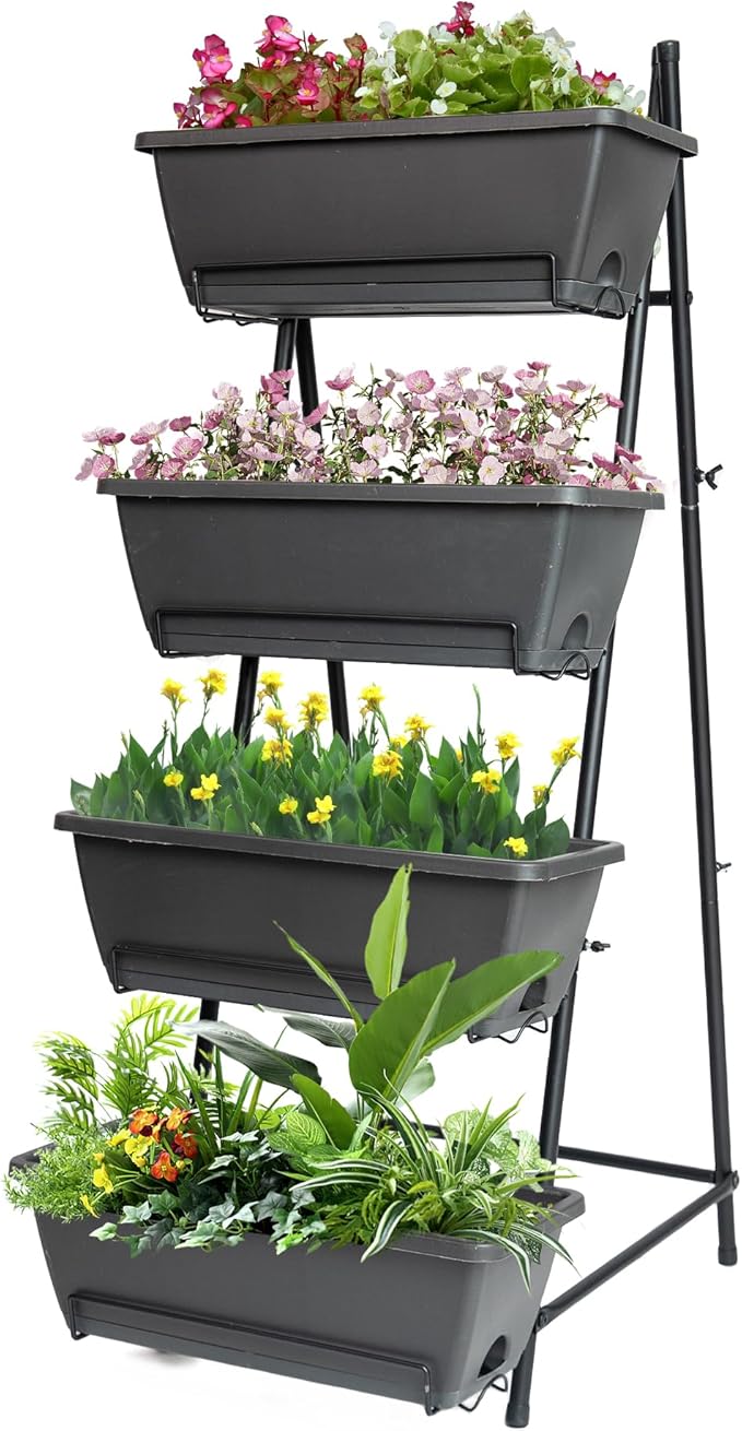 GENMOUS 4 Tier Raised Garden Bed Tall 45'' Vertical Elevated Garden Planter Standing Garden Bed Planter Box with Drainage Holes Removable Tray Outdoor Herb Planter Stand on Patio Balcony Porch Black GenMousCo