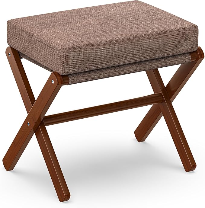 Foldable Foot Stool Ottoman, Modern Foot Rest with Bamboo X Legs & Thick Foam Cushion, Folding Foot Stools Small Padded for Bedroom Living Room, Footstool for Chair Couch (Brown - Brown) BAMBOOHOMIE