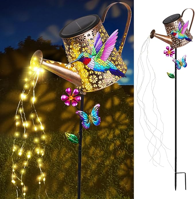Solar Watering Can with Lights Outdoor Garden, 41in Large Hummingbird Garden Stake Lights, Waterproof Decoration for Yard Lawn Pathway, Gifts for Mom Grandma Women Birthday Gardening Gift Newinhome
