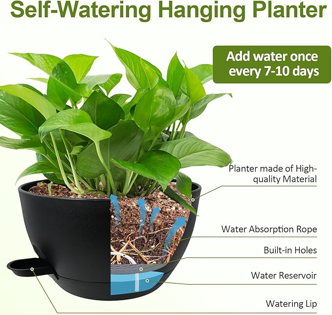 WOUSIWER Self Watering Hanging Planters, 2 Pack 10'' Plastic Pots with Drainage Holes & Reservoir Tray (Black) | Indoor & Outdoor Use for Ferns, Ivy, Herbs, Succulents WOUSIWER