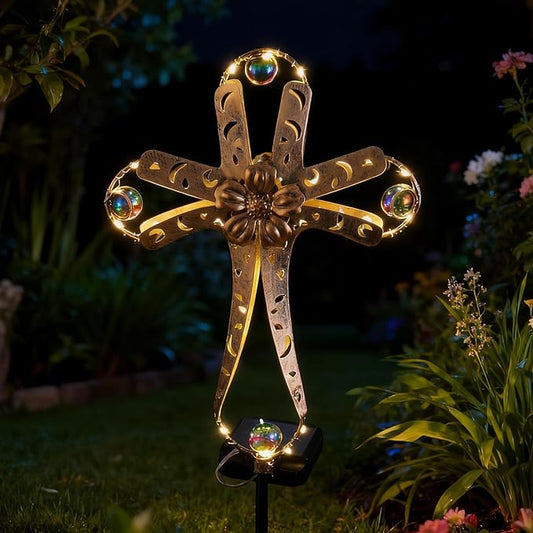 Kaixoxin Solar Power Cross Stake Warm White Color Florals Solar Lights Garden Decor Memorial Gift Cemetery Decoration LED Outdoor Landscape Light KAIXOXIN