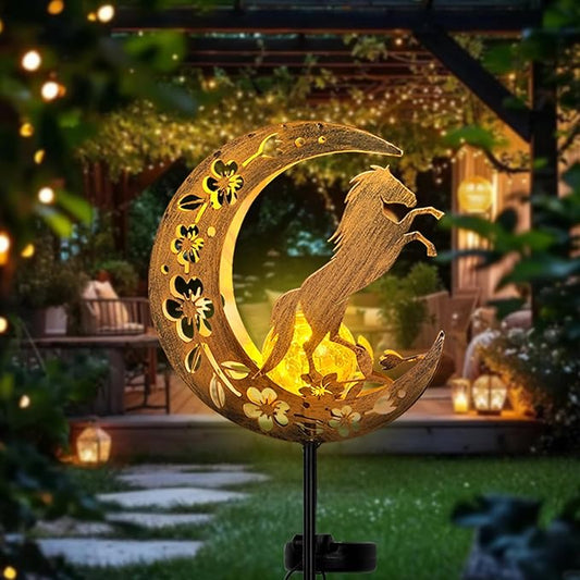 Solar Lights Outdoor Waterproof - Moon & Horse Landscape Lighting, Weatherproof SolarGarden Stakes with 8-10H Auto On/Off, Decorative Pathway Markers for Driveway/Walkway/Equestrian Farms ShangTianFeng