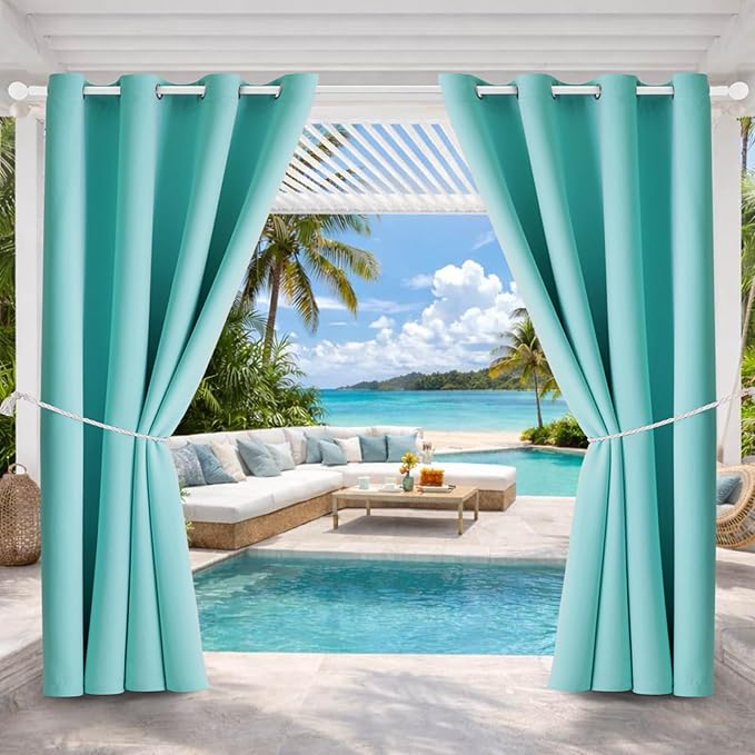 Water Proof Outside Curtains with Grommet Top for Porch, W52 x L120 Thermal Insulated Washable Outdoor Divider Drapes for Patio Gazebo Deck Pool Area Pergola Cabana (Teal Blue, 2 Panels) DivaenCamino