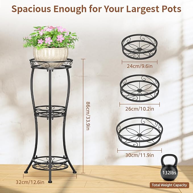 LASZOLA Black 3 Tier Tall Plant Stand for Indoor Outdoor, Large Multiple Level Flower Planter Holder Organizer Rack for Patio Office Bathroom Corner Floor, Sturdy Heavy Duty Metal, Vertical Display LASZOLA
