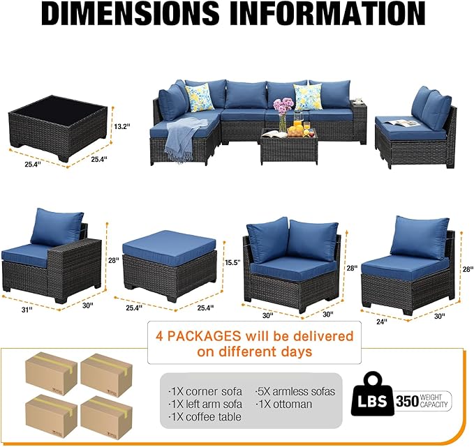 9 Pieces Patio Furniture Set All-Weather Outdoor Wicker Sectional Conversation Sofa Rattan Patio Seating Sofa with Cushion and Glass Table and Ottoman for Porch Poolside,Navy JOYURE
