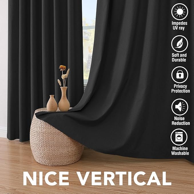 H.VERSAILTEX 100% Blackout Curtains for Bedroom Thermal Insulated Linen Textured Curtains Heat and Full Light Blocking Drapes Living Room Curtains 2 Panel Sets, Black, 52x72 Inch HVERSAILTEX