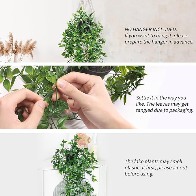 Whonline 3 Pack Artificial Hanging Plants Fake Plants with Pots for House Bedroom Wall Garden Decor WHONLINE