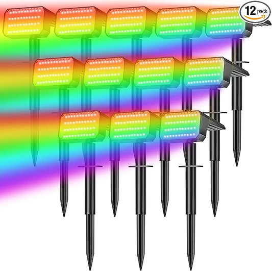 LANSOW 12 Pack Solar Spot Lights Outdoor Color Changing, 7 Modes Waterproof Solar Christmas Landscape Spotlights, LED Solar Powered Flood Lights for Yard Garden Pathway Outside Halloween, Auto ON/Off LANSOW