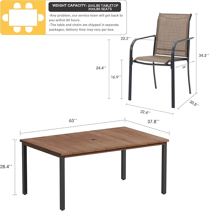 VICLLAX Patio Dining Set for 6, Outdoor Furniture Set Includes 63" Rectangle Patio Table and 6 Patio Sling Chairs, Outdoor Table and Chairs for Outsides, Walnut Tabletop and Brown Fabric HOME