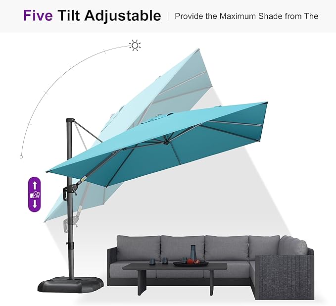 PURPLE LEAF 10 Feet Patio Umbrella Outdoor Cantilever Square Umbrella Aluminum Offset Umbrella with 360-degree Rotation for Garden Deck Pool Patio Turquoise Blue PURPLELEAF