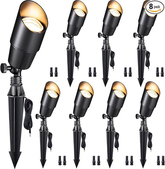 Gardenreet Spot Light Brass - Outdoor Landscape Spotlights 12V, LED Low Voltage Landscaping Uplights, All Weather Hard-Wired Black for Backyard Lawn with No Bulbs (8 Pack) Gardenreet