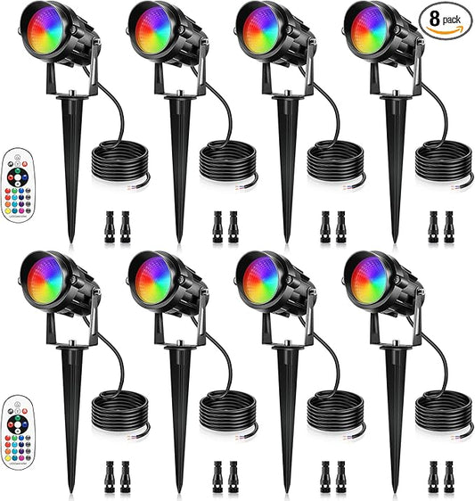 12W RGBW Color Changing Landscape Lights - Low Voltage LED Landscape Lighting, Remote Control Spotlight Outdoor Waterproof Garden Pathway Halloween Christmas Spot Lights, 8 Pack with Connector LemonBest
