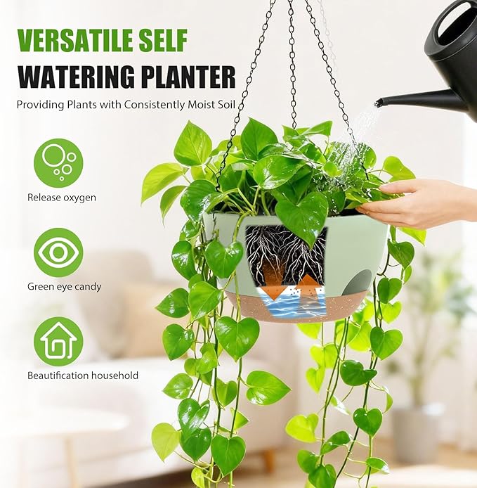 8 Inch Hanging Planters for Indoor Outdoor Plants, 4 Pack Green Brown Plastic Self Watering Hanging Baskets with Drainage Holes and Chain for Garden Porch SQKH