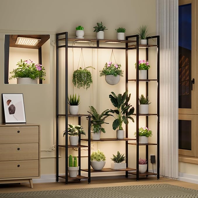 Plant Stand Indoor with Grow Lights 11 Tiered Wood Indoor Plant Shelf 62" Tall Plant Stand Metal Frame for Indoor Plants Multiple Flower Pot Holder, Large Plant Rack for Living Room Patio Corner Rootora