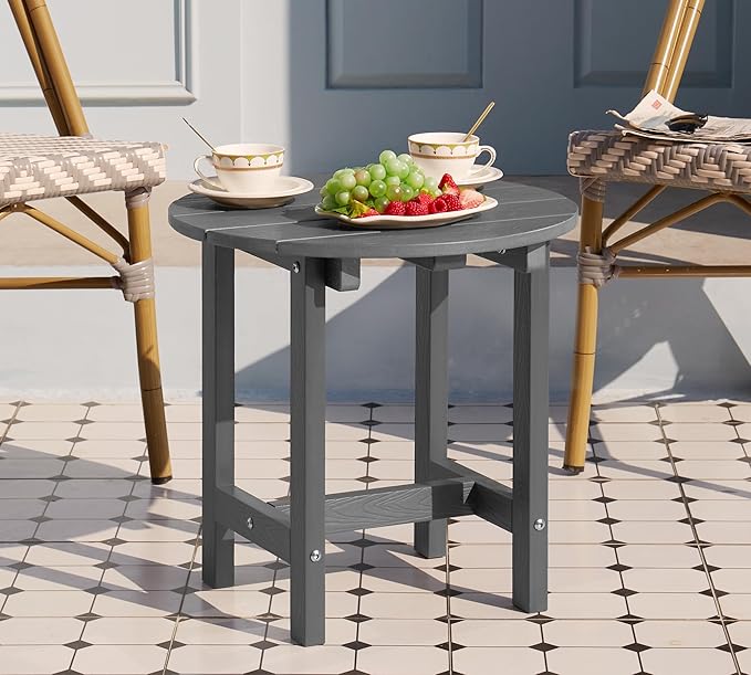 Y&M Outdoor Side Table, Waterproof Four-Legged Round Entryway End Table, Single-Tier HDPE Modern Small Coffee Nightstand for Bedroom, Living Room, Patio, Indoor or Outdoor Use, Dark Gray YM