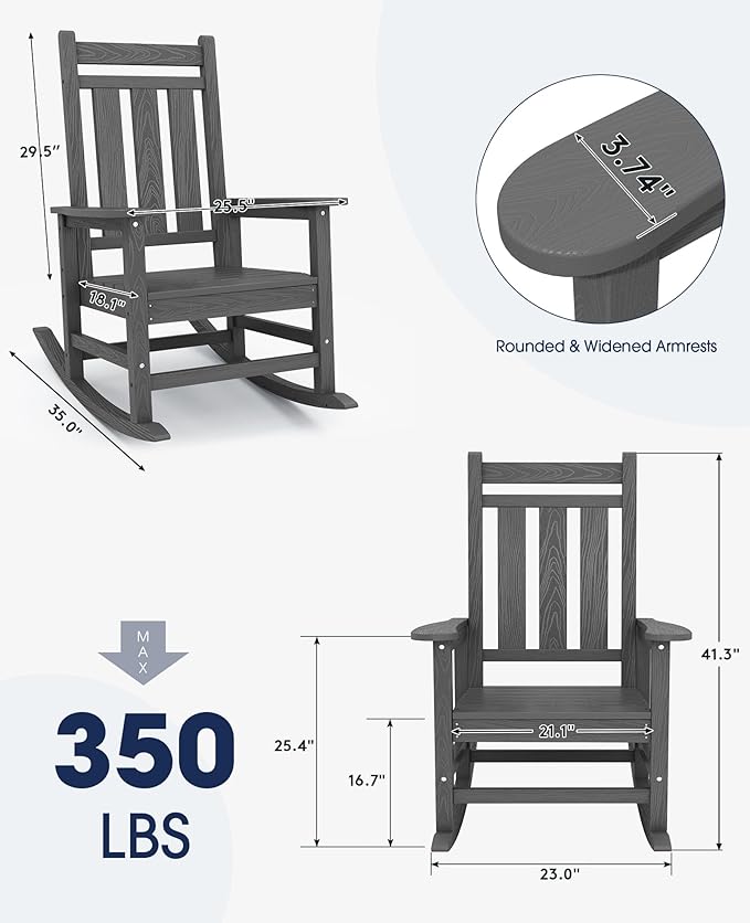 KINGYES Oversized Outdoor Rocking Chair Set of 6, All-Weather Patio Rocking Chairs for Porch, HDPE Outdoor Patio Rockers with High Back & Wide Seat for Garden, Lawn, Gray KINGYES