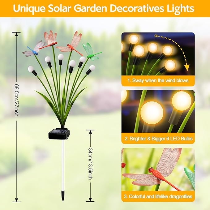 Solar Garden Lights Outdoor - 6 Pack Dragonfly Solar Swaying Light, Sway by Wind, Firefly Lights Outdoor Yard Patio Pathway Decoration, Big Bulb, High Flexibility Iron Wire & Realistic Dragonflies yulloyello