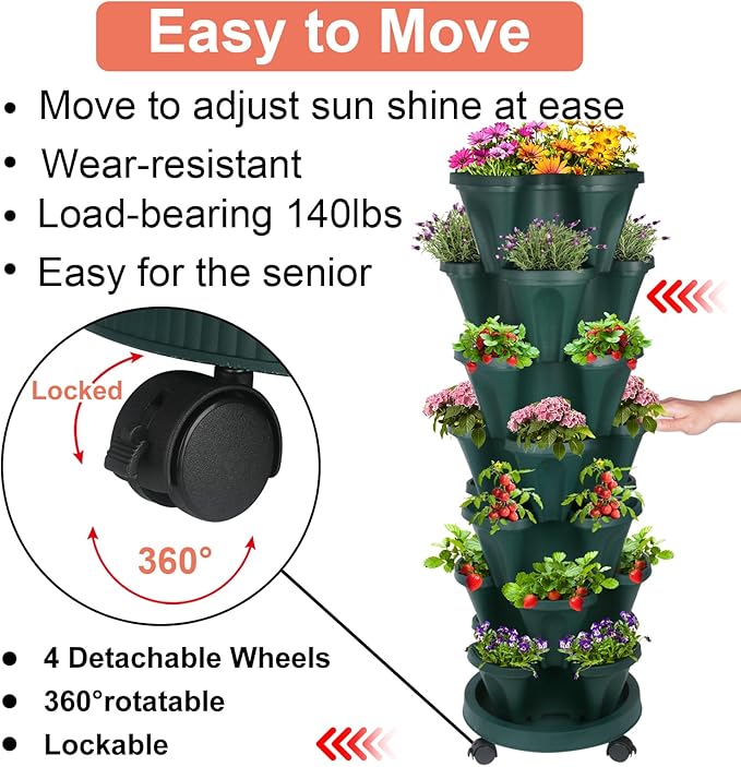 GameXcel Vertical Planter, 7 Tier Stackable Strawberry Planter with Garden Tool Set, Movable Indoor/Outdoor Garden Herb Pot for Growing Vegetables and Succulents, Green GameXcel