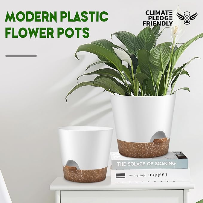 Indoor Outdoor Plant Pots- Self Watering Planters with Drainage Holes and Saucers, 9,8, 7.5 Inches, 3 Pots (Snow) AFamilyofGardenLovers