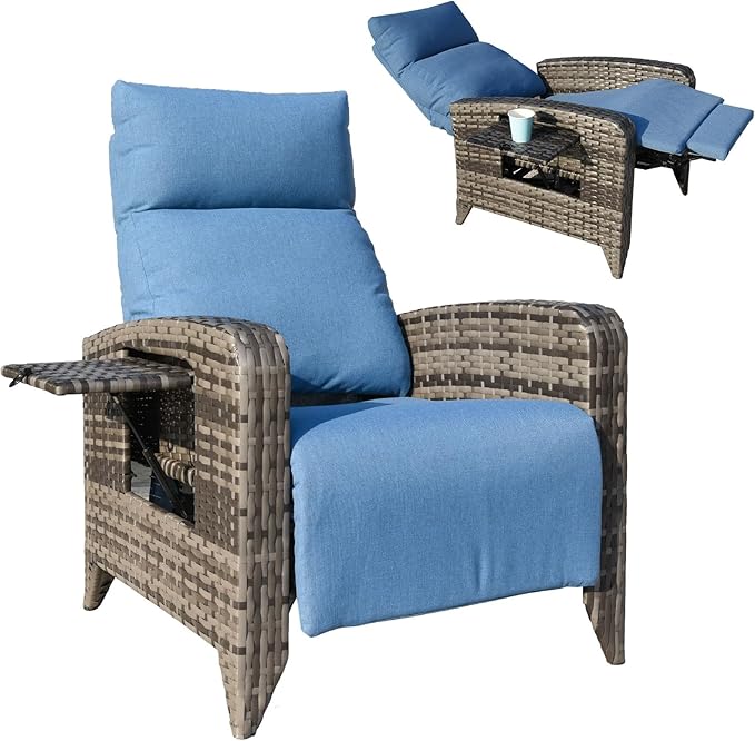 Upgraded Outdoor Recliner Chair, Reclining Patio Chairs with Adjustable Back up to 150°Lay Flat and Extended Footrest, Wicker Recliner Chairs with Flip Table and Removable Olefin Cushion zzw
