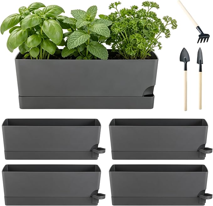4 Pack Self Watering Pots for Indoor Plants 17 Inches Window Boxes Planters Rectangular Flower Pots Rectangle Herb Pots Large Plant Pots with Drainage Holes and Saucers Windowsill Planter, Grey KvyusFlourish