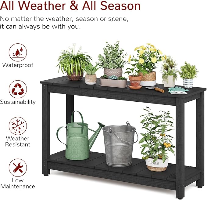 Stoog Outdoor Console Table, All-Weather 2-Tier Patio Console Table with Adjustable Feet, Low Maintenance, for Backyard, Garden, Entryway, and Deck, Black Stoog