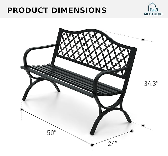 MFSTUDIO 50" Lucky Clover Outdoor Bench, Black Cast Iron Back with Waterproof E-Coating, Durable Patio Garden Bench Park Chair, Black MFSTUDIO
