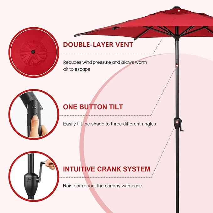 Abba Patio 7.5FT Lyon Outdoor Patio Umbrella Outdoor Table Umbrella with Push Button Tilt and Crank Market Umbrella 6 Sturdy Ribs UV Protection Waterproof for Garden Deck Backyard Pool Dark Red AbbaPatio